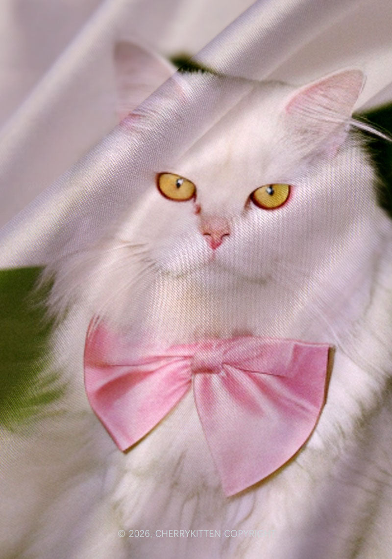 Pink Bow Cat Y2K Print Satin Cowl Neck Slip Dress Cherrykitten