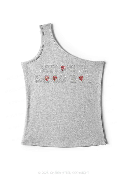Rhinestone Whos A Good Boy Y2K One Shoulder Tank Top Cherrykitten