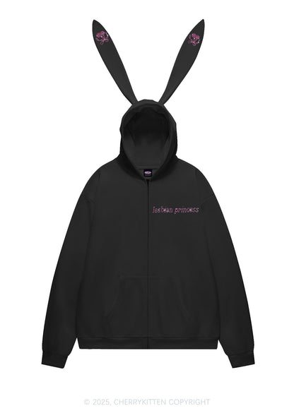 Rhinestone Lesbian Princess Y2K Bunny Ear Zip Hoodie Cherrykitten