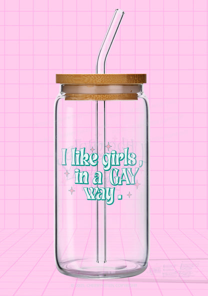 Like Girls In Gay Way Pride Printed Glass Cup Cherrykitten