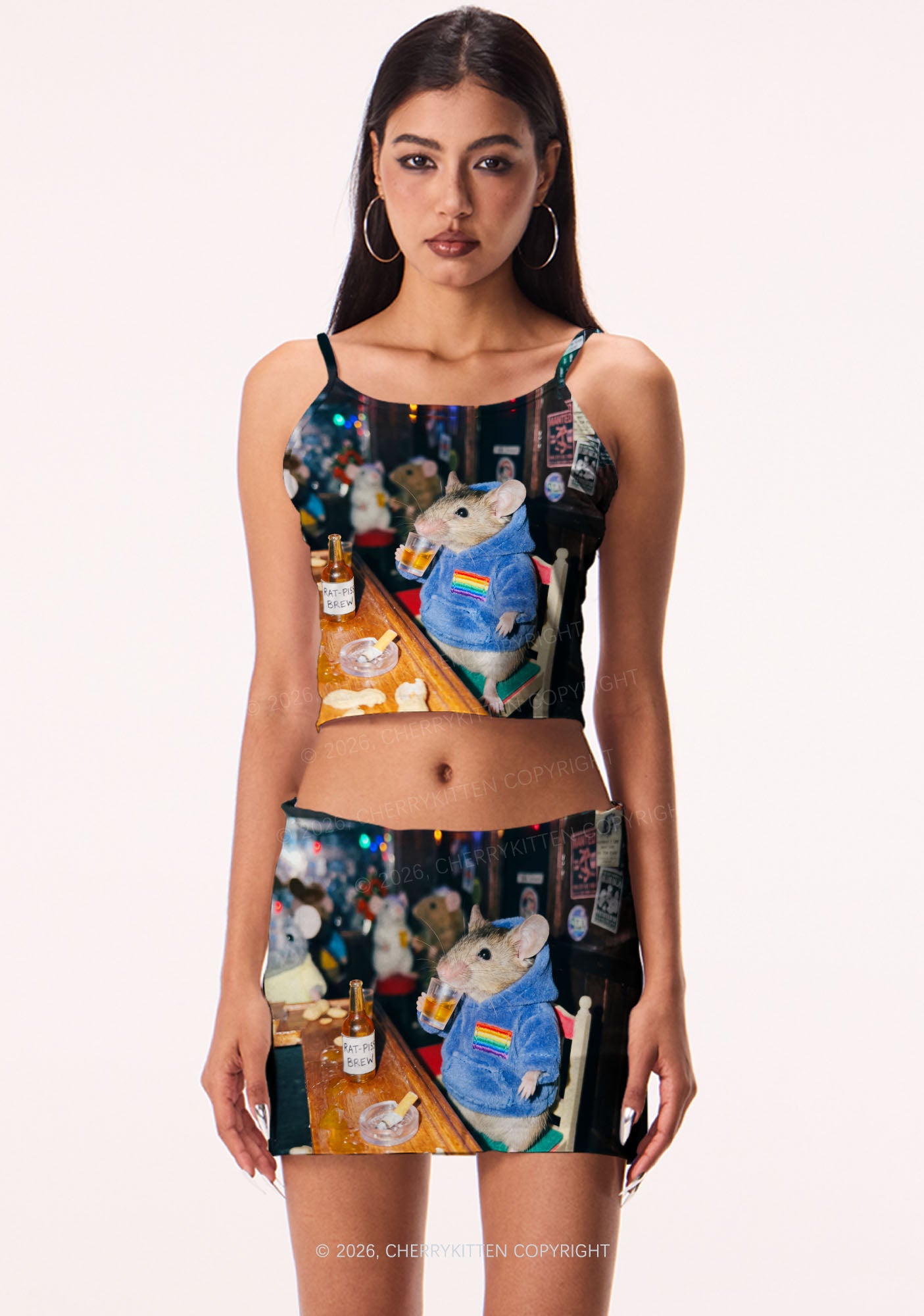 Blue Hoodie Rat Drinking Pride Y2K Print Cami Crop Top Cherrykitten