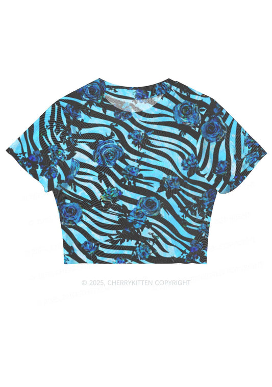 Blue Zebra Roses Y2K Mesh Crop Top Cherrykitten