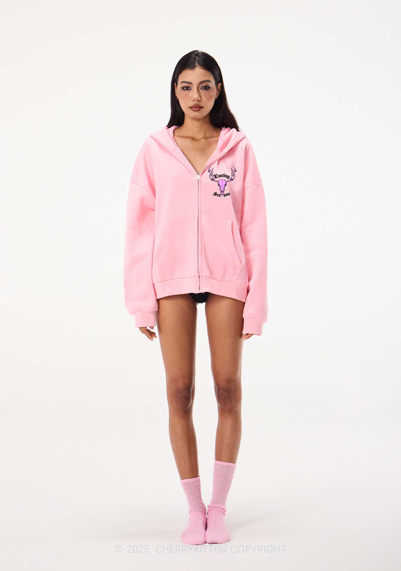 Cunting Season Skull Y2K Bunny Ear Zip Hoodie Cherrykitten