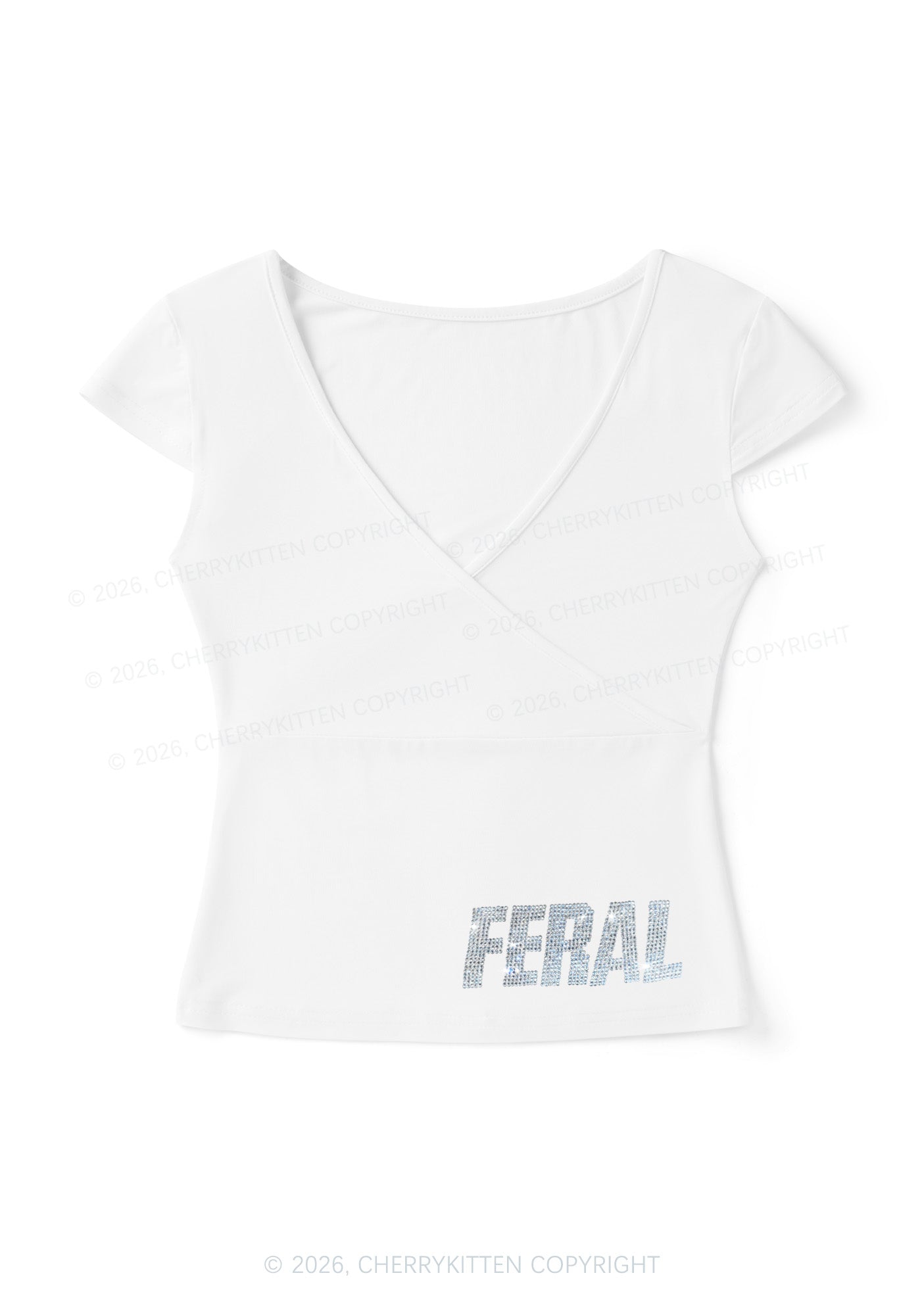 Rhinestone Feral Y2K Wrap V Neck T Shirts Cherrykitten