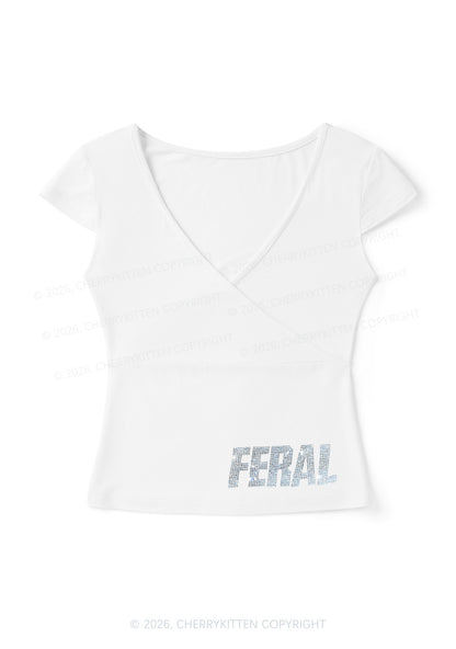 Rhinestone Feral Y2K Wrap V Neck T Shirts Cherrykitten