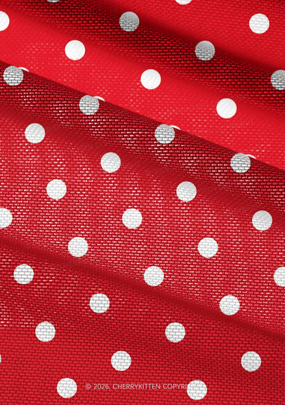 Classic Red Dots Y2K Mesh Ruched  Waist  V Neck Top Cherrykitten