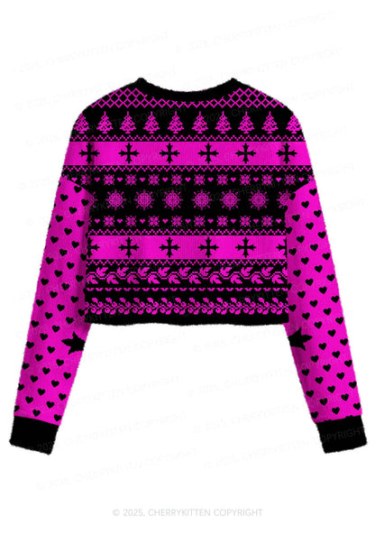 Pink Scissor Pride Y2K Christmas Crop Knit Sweatshirt Cherrykitten