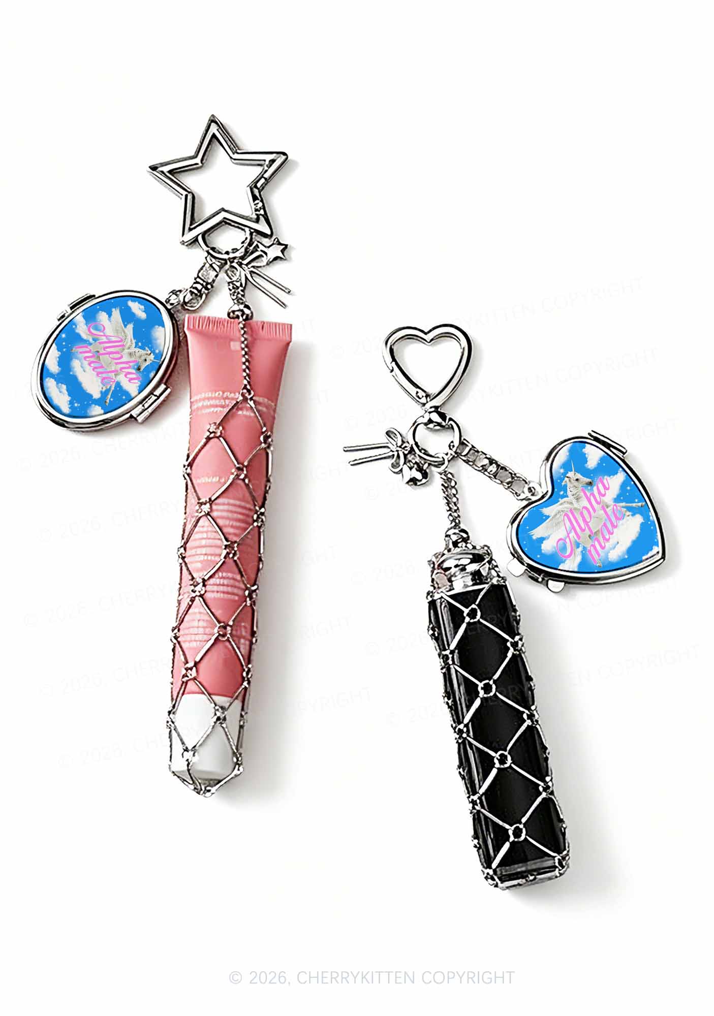 Blue Sky Alpha Male Unicorn 1pc Y2K Metal Mesh Lipstick Holder Keychain With Mirror Cherrykitten