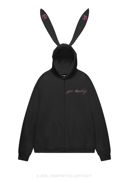 Rhinestone Yes Daddy Y2K Bunny Ear Zip Hoodie Cherrykitten