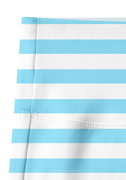 Blue And White Stripes Y2K Print Yoga Shorts Cherrykitten