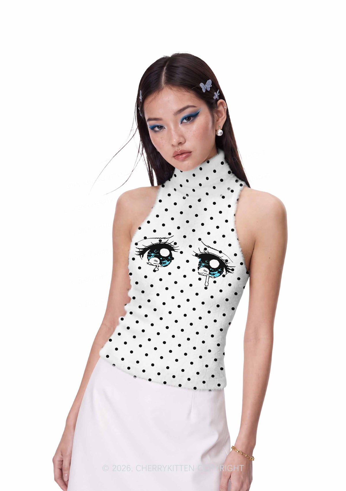 Crying Eyes Black Dots On White Y2K Knit Turtleneck Tank Top Cherrykitten
