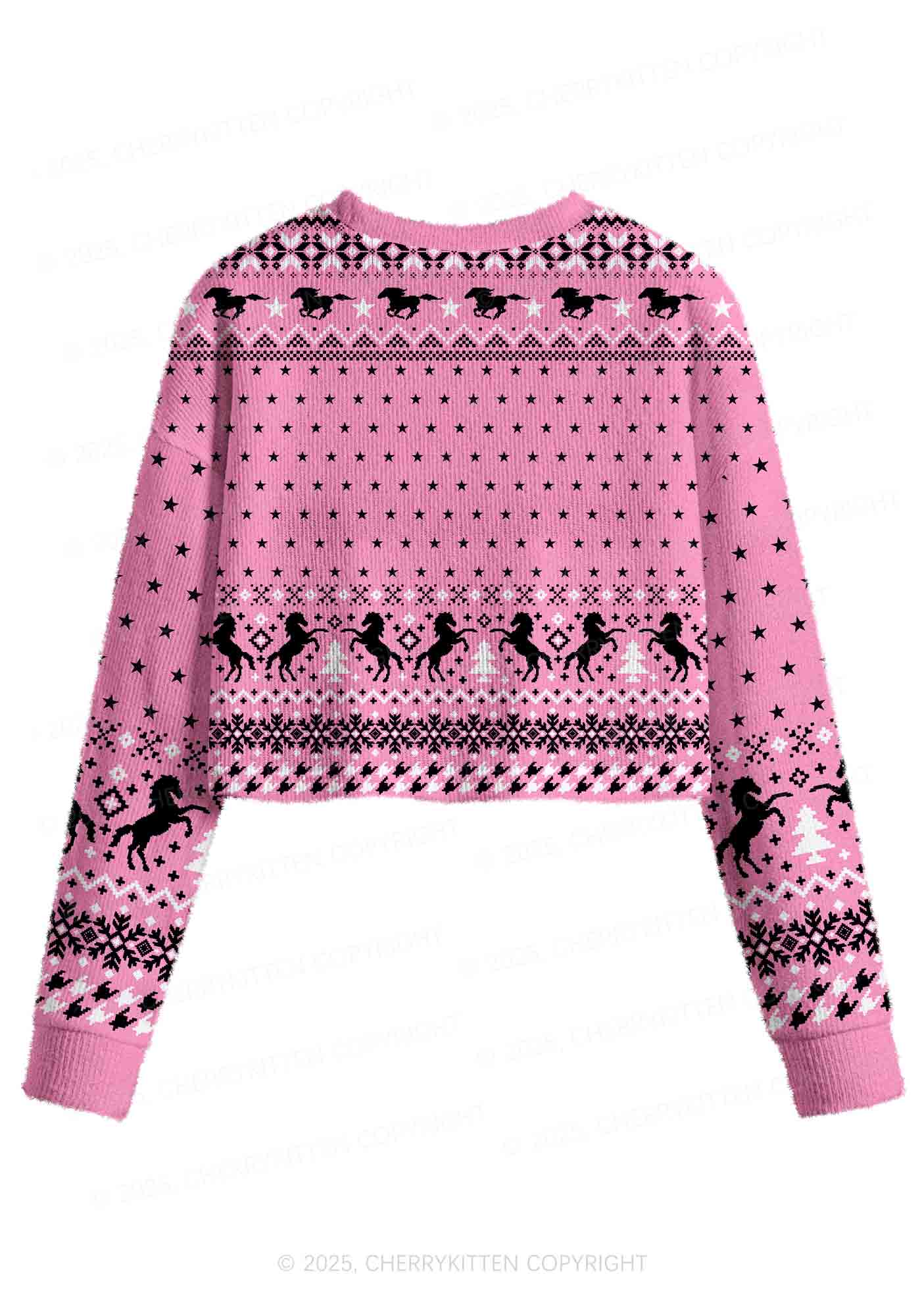 Ride A Mustache Y2K Christmas Crop Knit Sweatshirt Cherrykitten