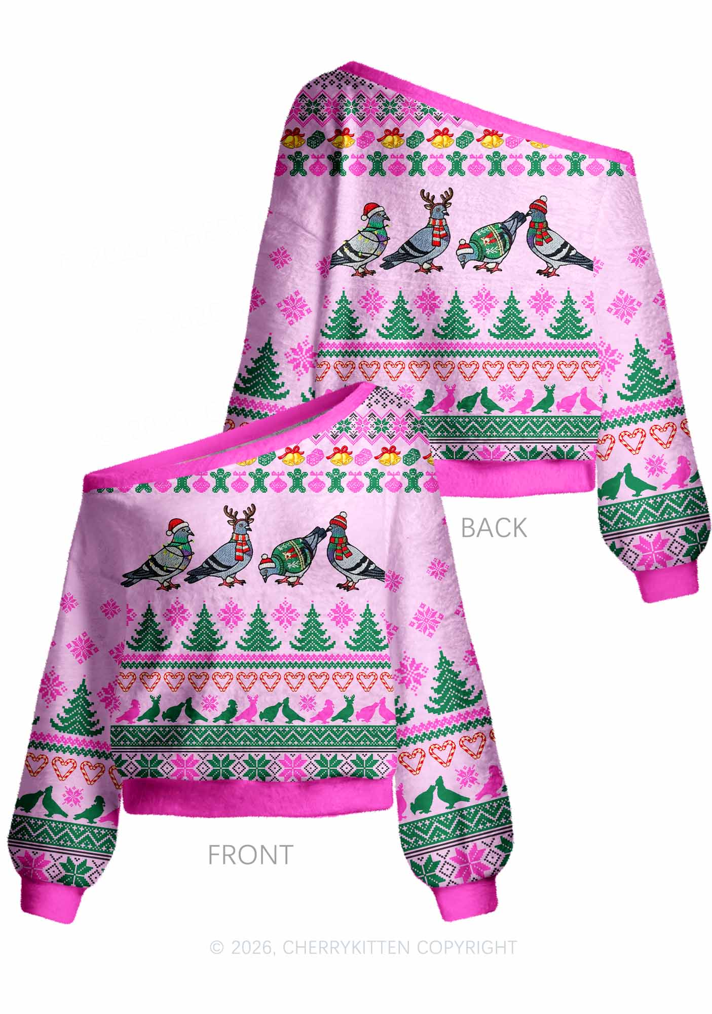 Christmas Pigeon Y2K Off Shoulder Knit Sweatshirt Cherrykitten
