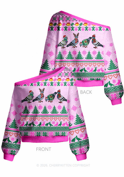 Christmas Pigeon Y2K Off Shoulder Knit Sweatshirt Cherrykitten