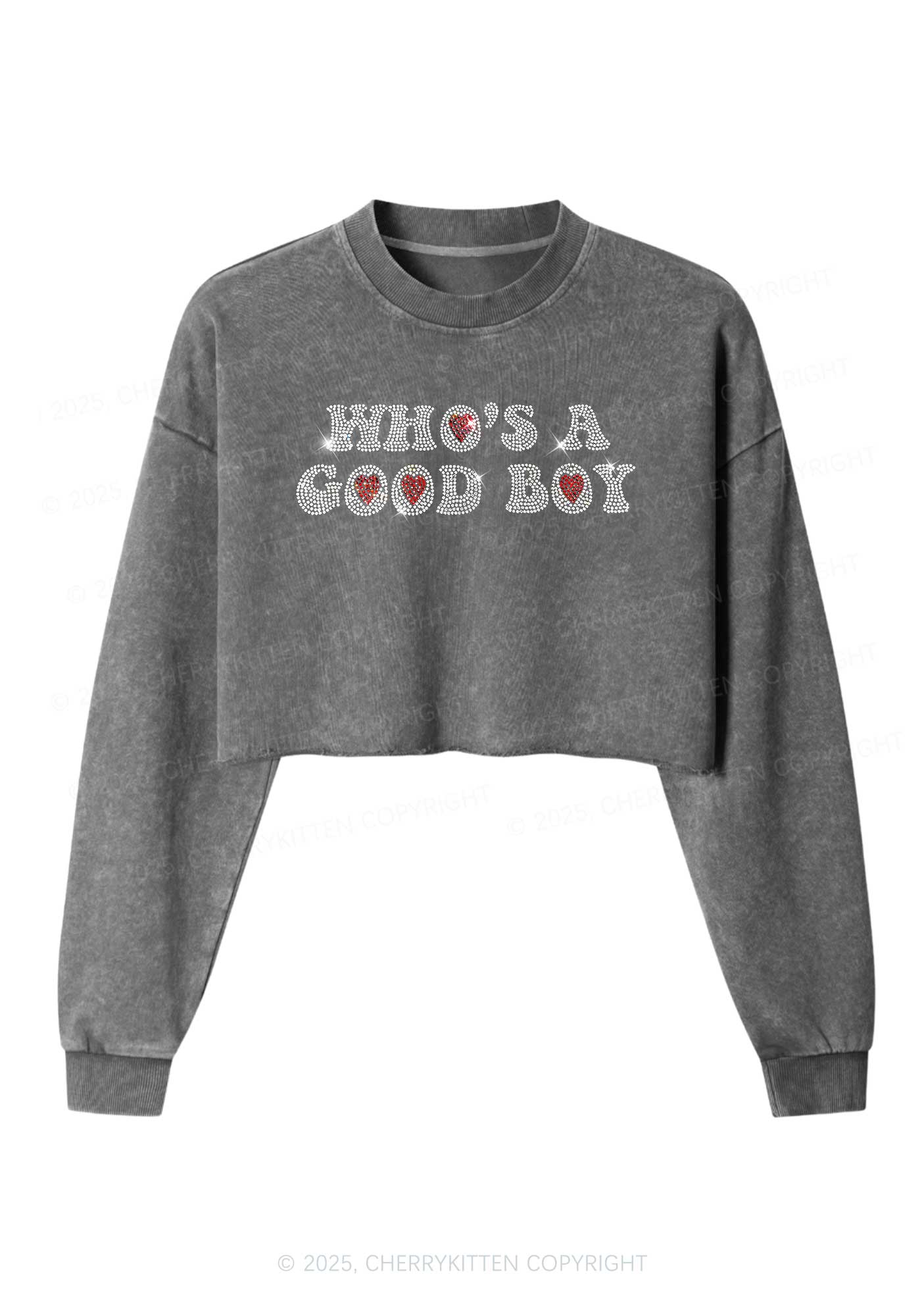 Rhinestone Whos A Good Boy Y2K Crop Washed Sweatshirts Cherrykitten
