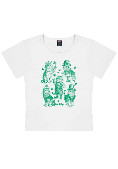 Green Lucky Cats St Patricks Y2K Baby Tee Cherrykitten
