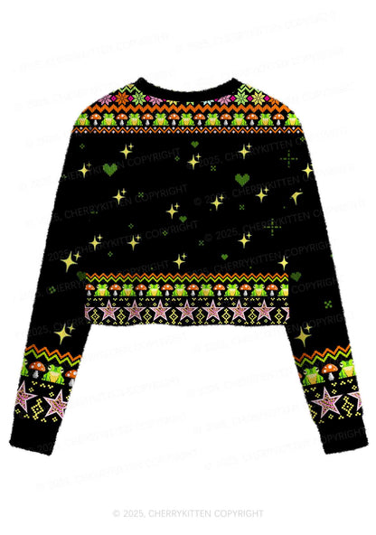 Tism Rizz Frog Y2K Christmas Crop Knit Sweatshirt Cherrykitten