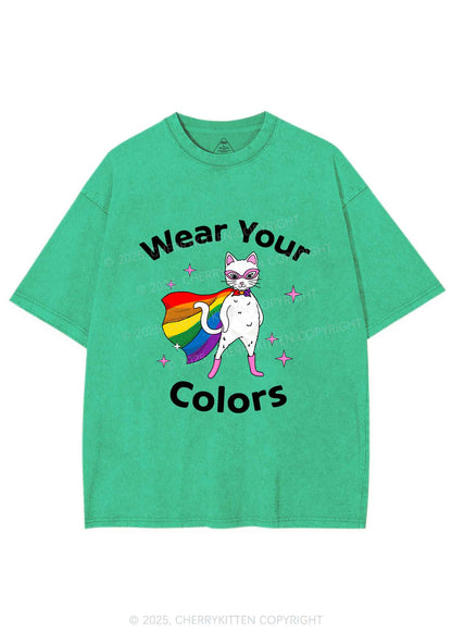 Pride Flag Cat Y2K Shirts Washed Tee Cherrykitten
