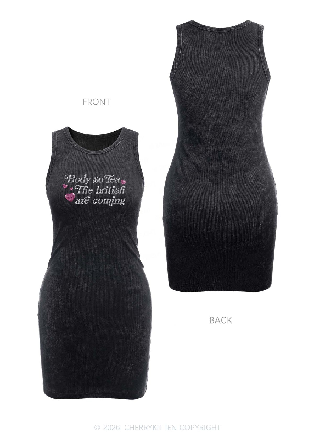 Rhinestone Body So Tea Y2K Washed Tank Dress Cherrykitten