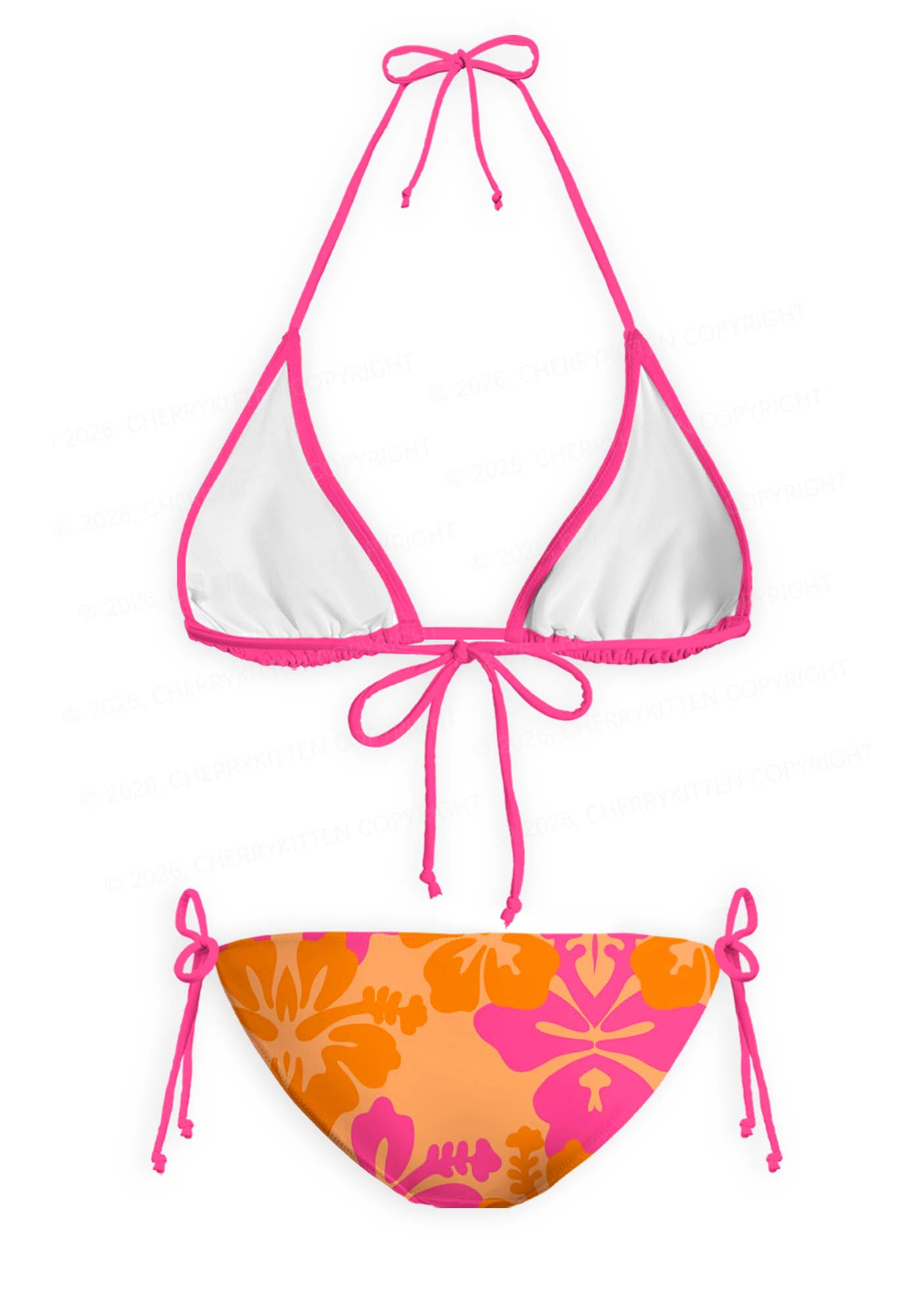 Orange Pink Floral Y2K Print Bikini Set Cherrykitten