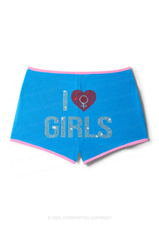 Rhinestone I Love Girls Pride Y2K Booty Shorts Cherrykitten