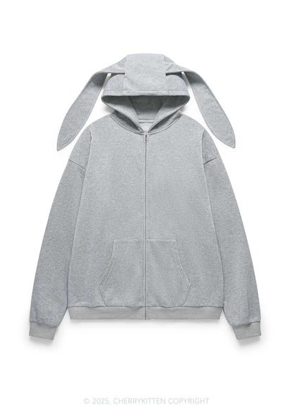 Plain Y2K Bunny Ear Zip Hoodie Cherrykitten