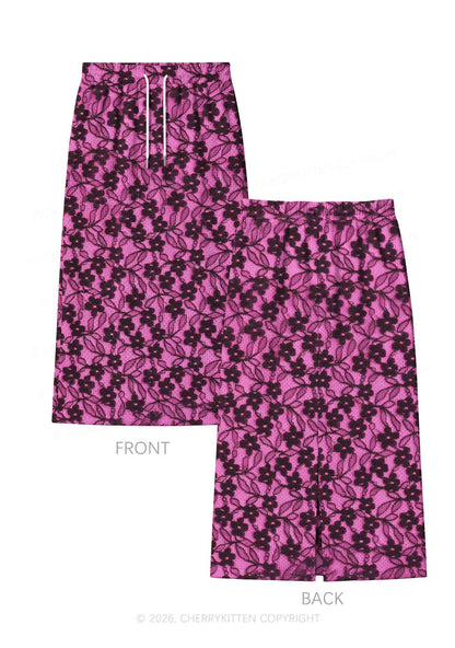 Hot Pink Floral Y2K Sport Jersey Drawstring Midi Skirt Cherrykitten