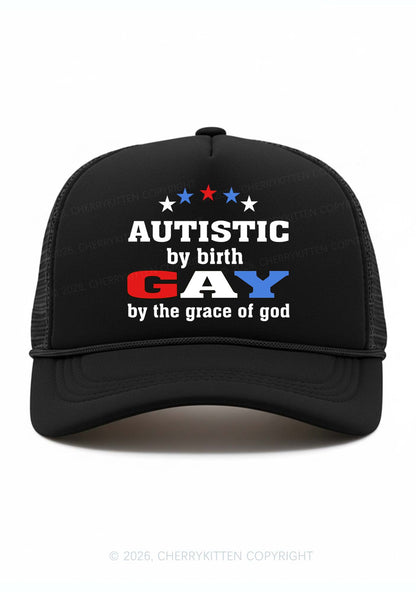 Autistic By Birth Gay Pride Y2K Trucker Hat Cherrykitten