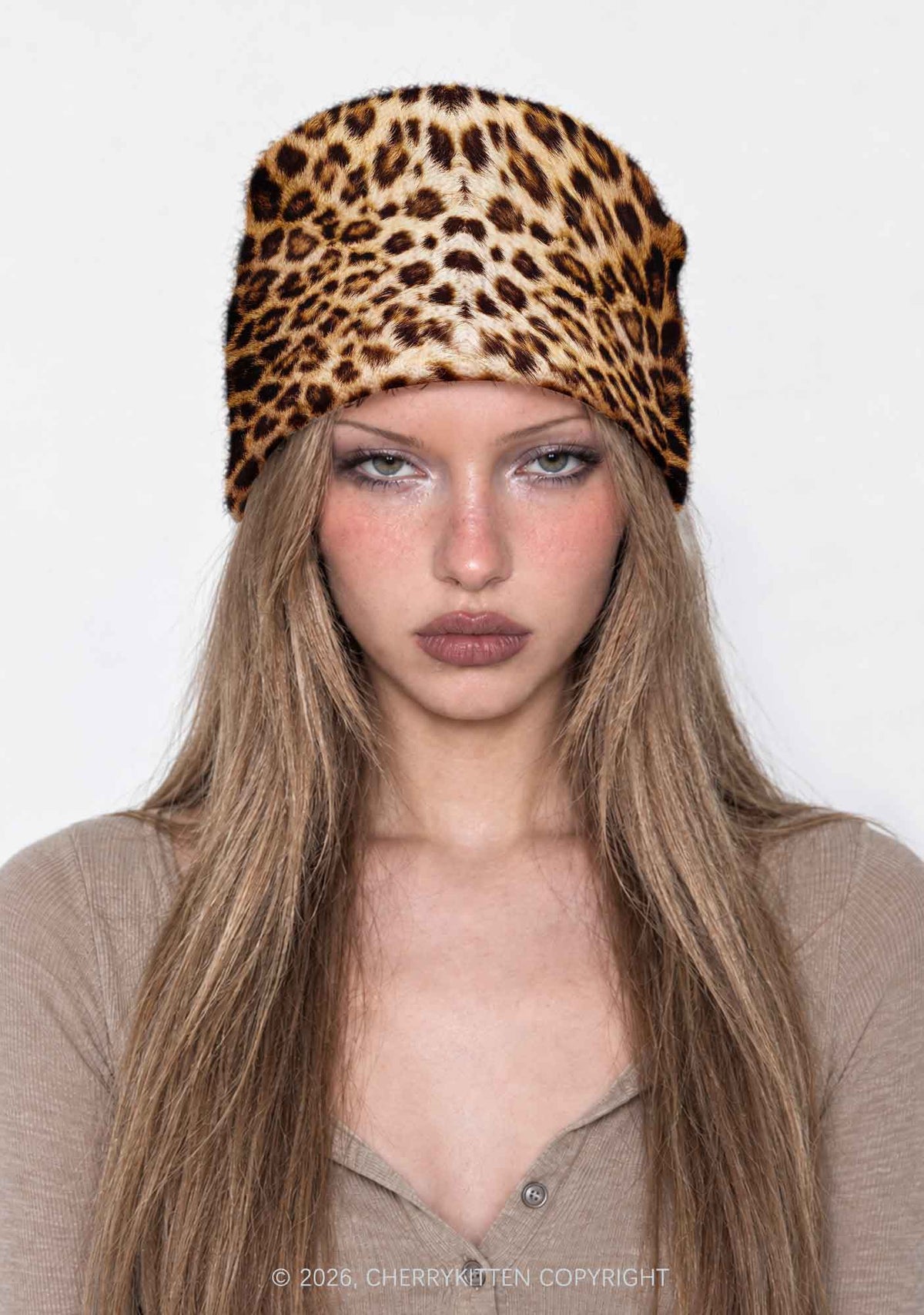 Khaki Leopard Y2K Print Knit Beanie Cherrykitten