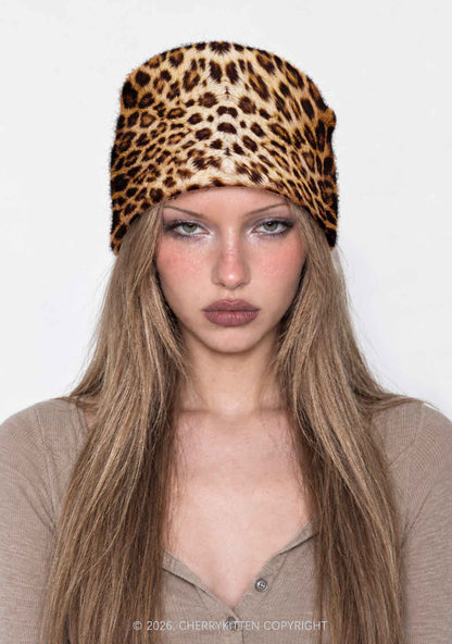Khaki Leopard Y2K Print Knit Beanie Cherrykitten
