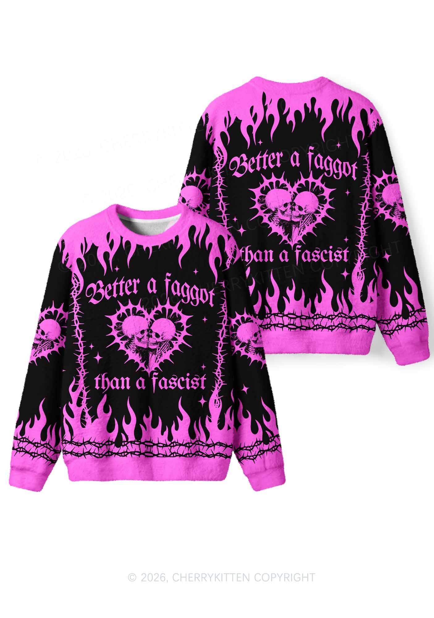 Halloween Hot Pink Better A Faggot Than A Fascist Y2K Knit Sweatshirt Cherrykitten