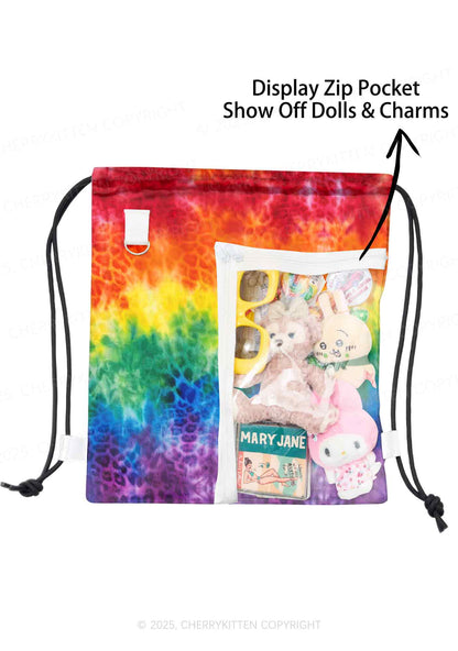 Rainbow Leopard Tie Dye Pride Y2K Drawstring Itabag Backpack Cherrykitten