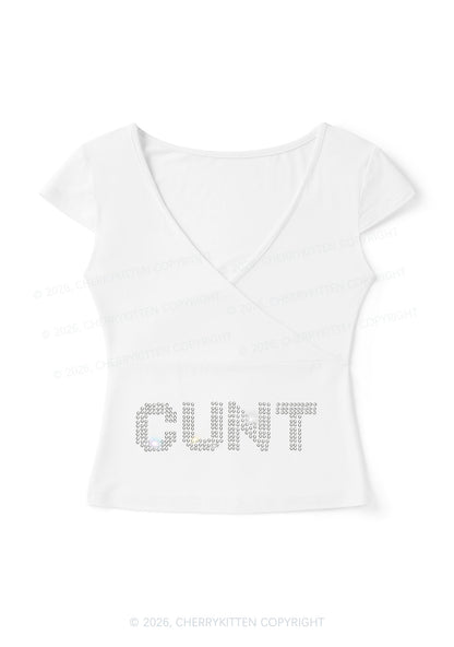Rhinestone Cxxt Y2K Wrap V Neck T Shirts Cherrykitten