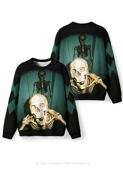Halloween Double Skeleton Selfie Y2K Knit Sweatshirt Cherrykitten