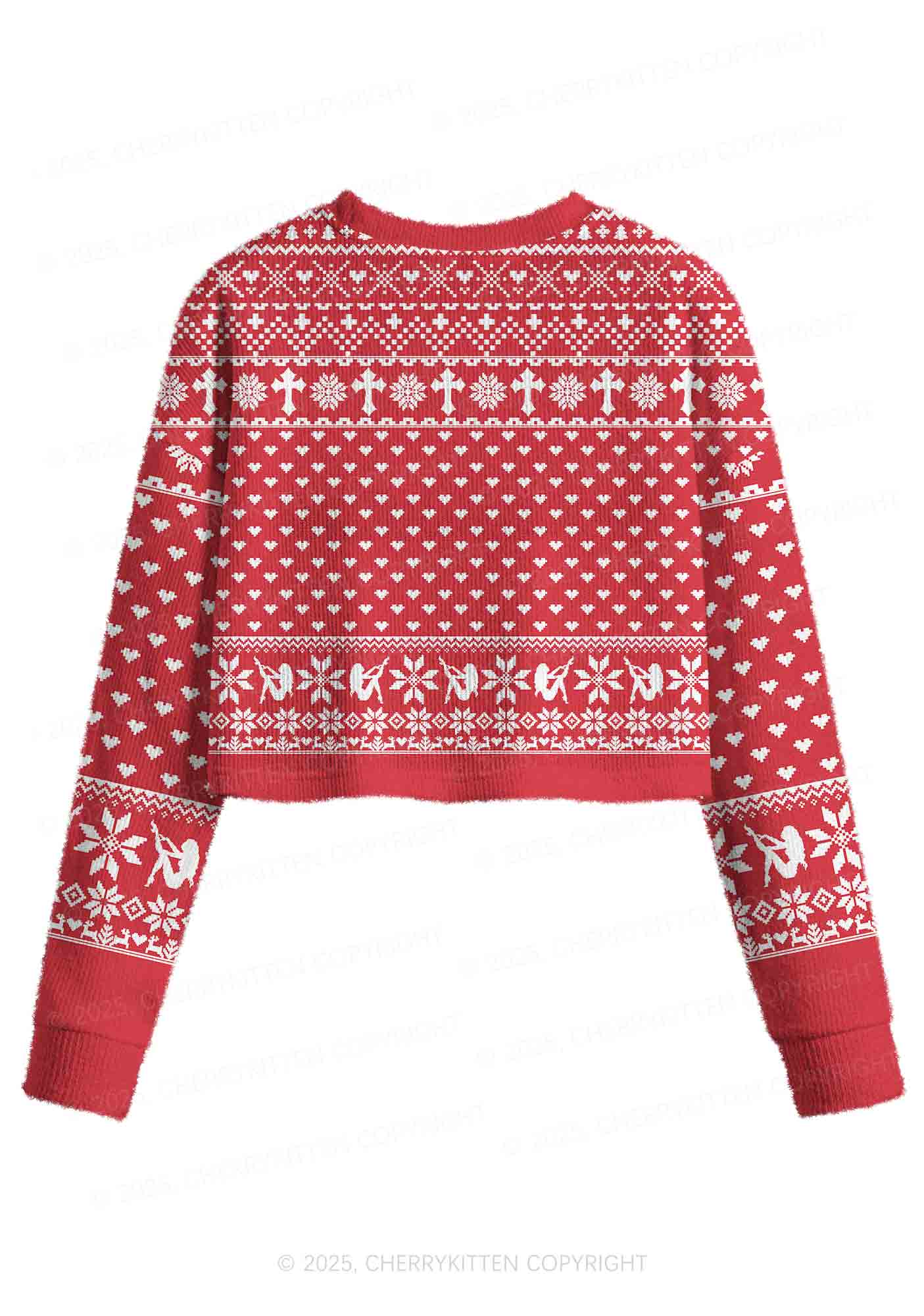 Red Cxxt Y2K Christmas Crop Knit Sweatshirt Cherrykitten
