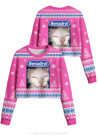Sleepy Cat Y2K Crop Knit Sweatshirt Cherrykitten