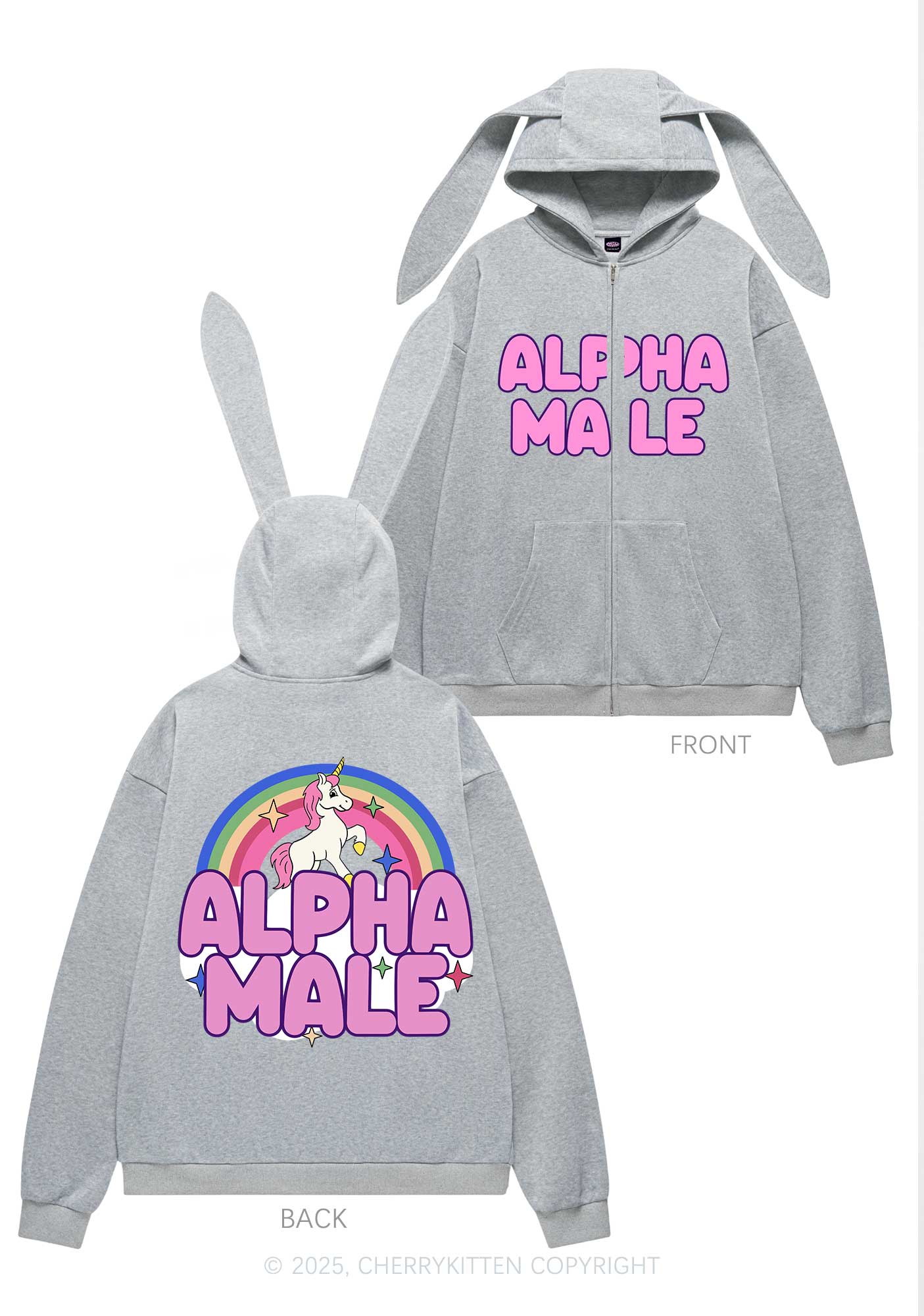 Rainbow Unicorn Alpha Male Y2K Bunny Ear Zip Hoodie Cherrykitten