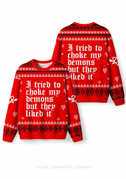 Halloween Choke Demons They Liked Y2K Christmas Knit Sweatshirt Cherrykitten