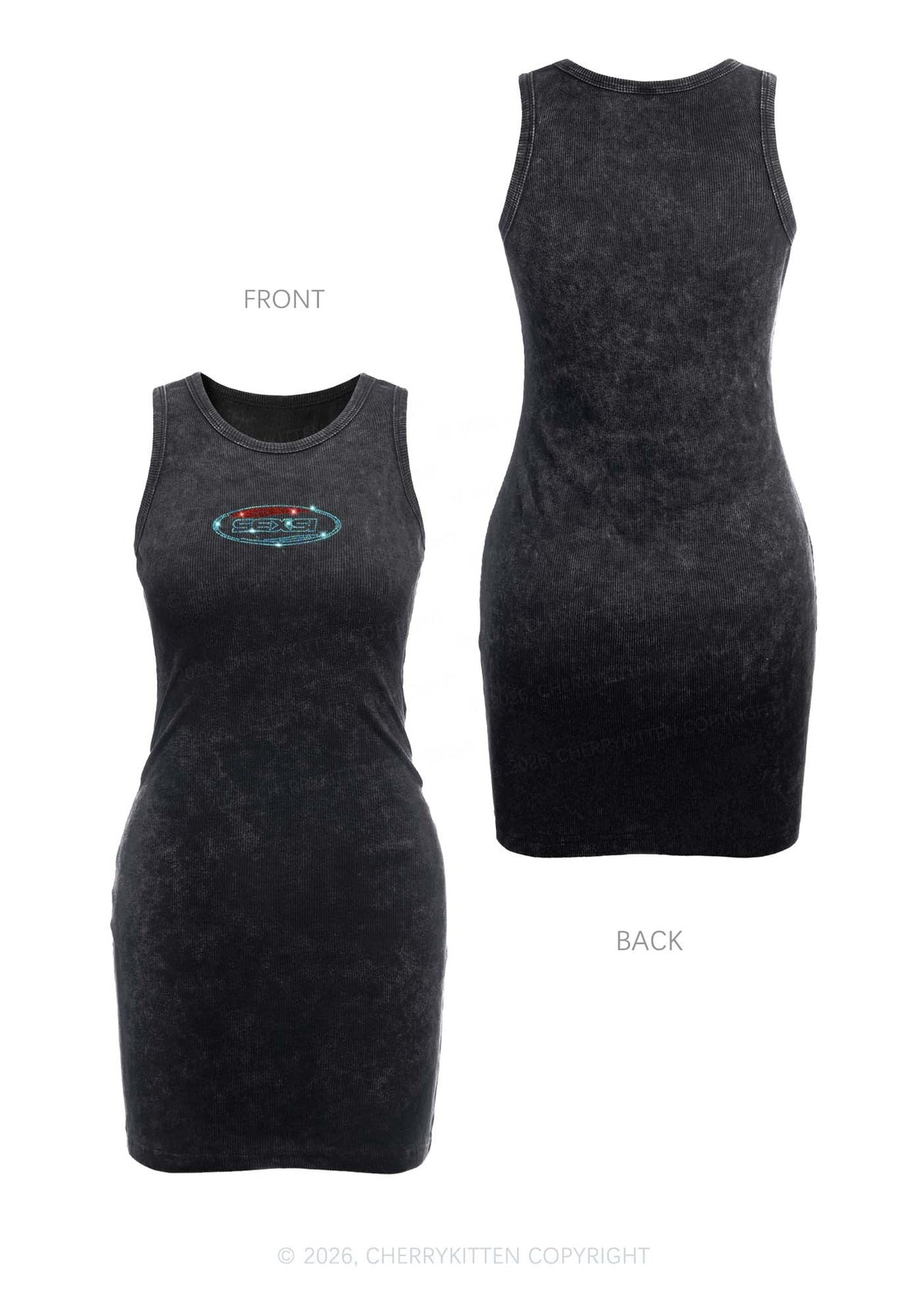 Rhinestone Sexsi Slogan Y2K Washed Tank Dress Cherrykitten