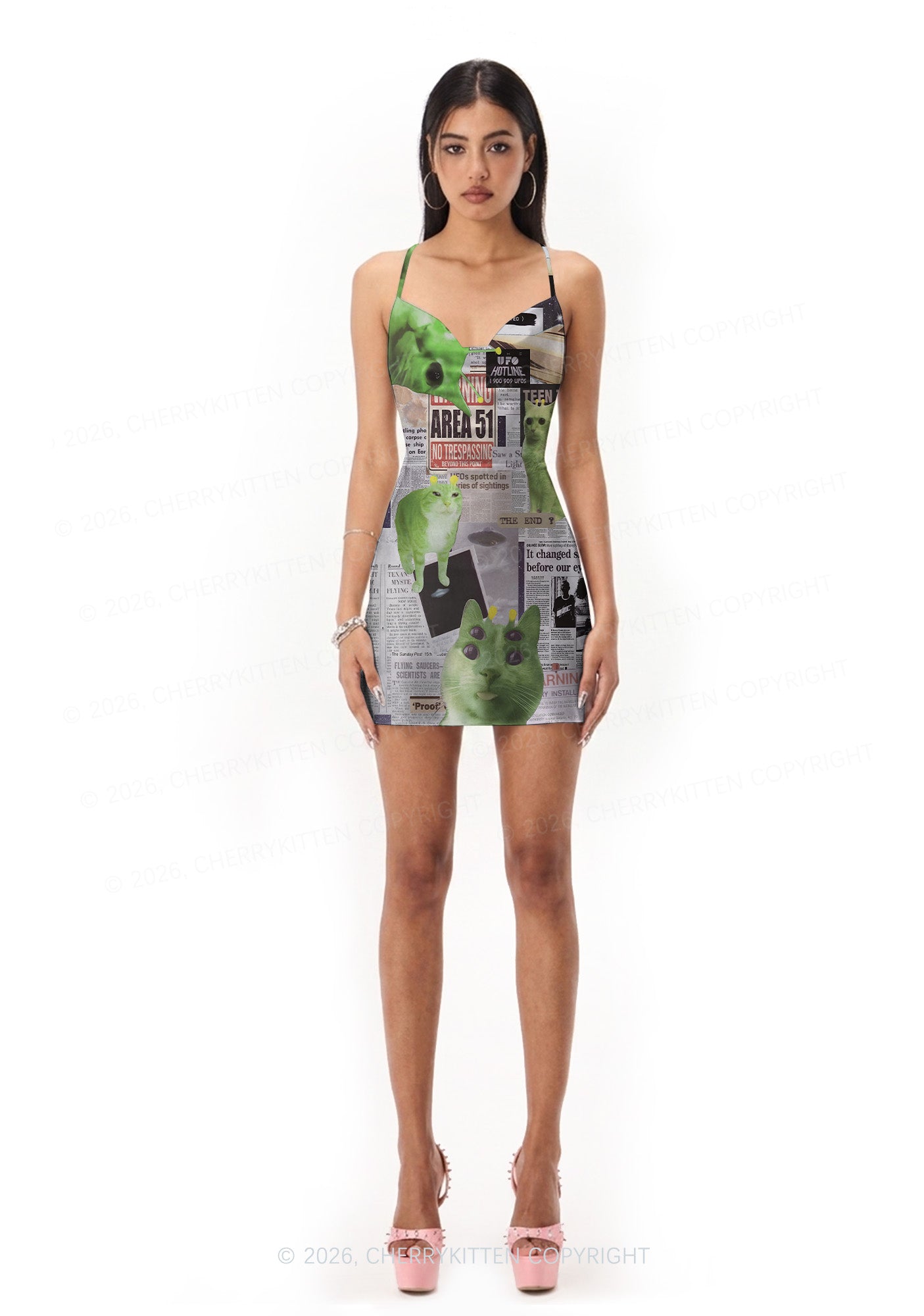 Green Alien Kitten Y2K Print Satin Cowl Neck Slip Dress Cherrykitten