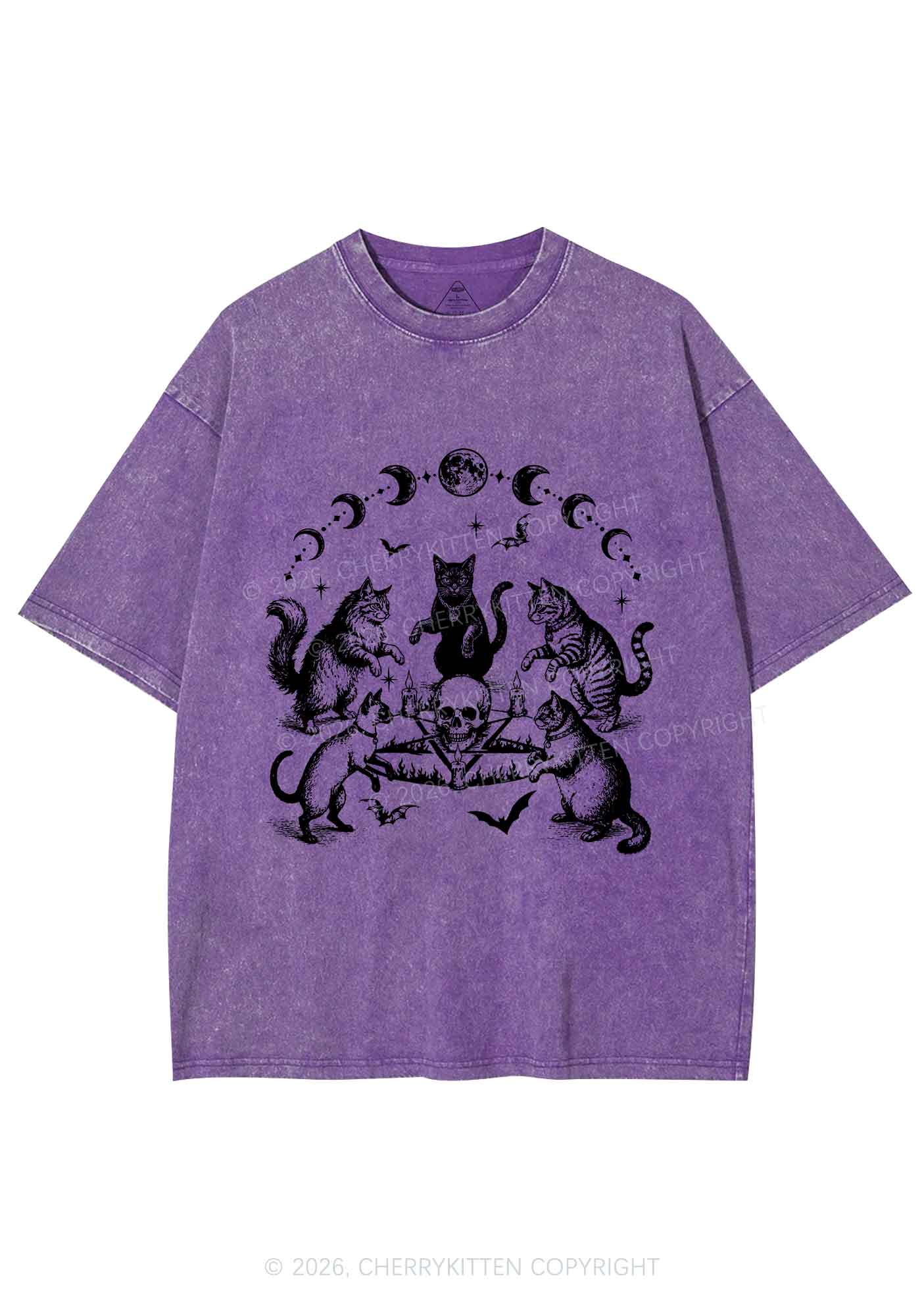 Halloween Cats Moon Phase Skull Y2K Shirts Washed Tee Cherrykitten