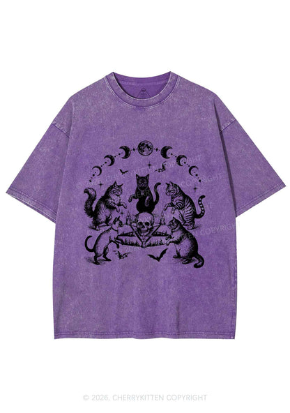 Halloween Cats Moon Phase Skull Y2K Shirts Washed Tee Cherrykitten