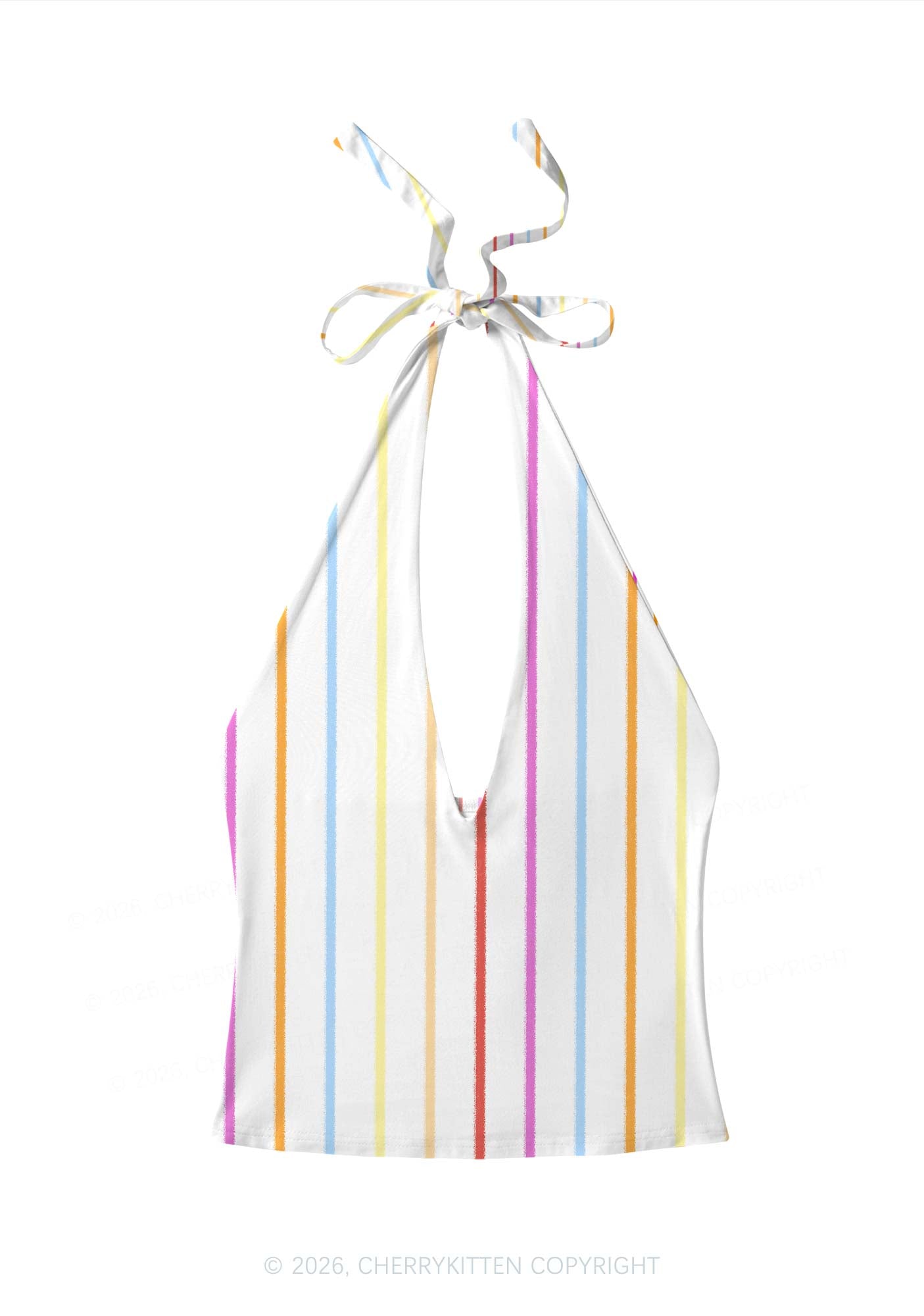 Rainbow Stripe On White Y2K Print Halter Deep V Neck Cami Cherrykitten