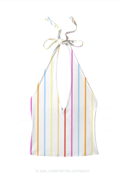 Rainbow Stripe On White Y2K Print Halter Deep V Neck Cami Cherrykitten