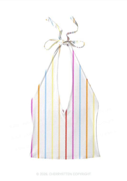 Rainbow Stripe On White Y2K Print Halter Deep V Neck Cami Cherrykitten