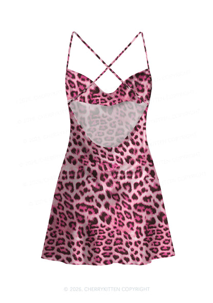 Pink Leopard Y2K Print Satin Cowl Neck Slip Dress Cherrykitten