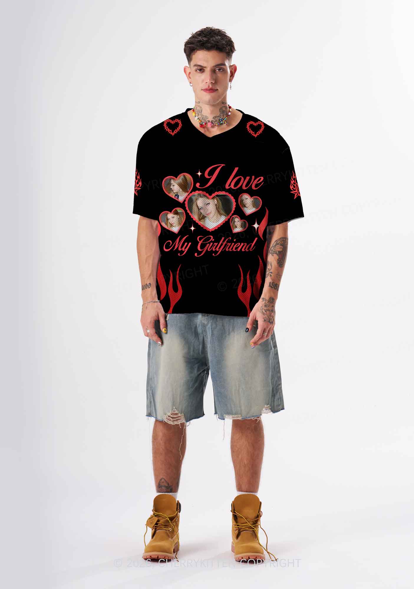 Custom Photos Red Flame I Love My GF BF Y2K Sport Jersey Shirts Cherrykitten