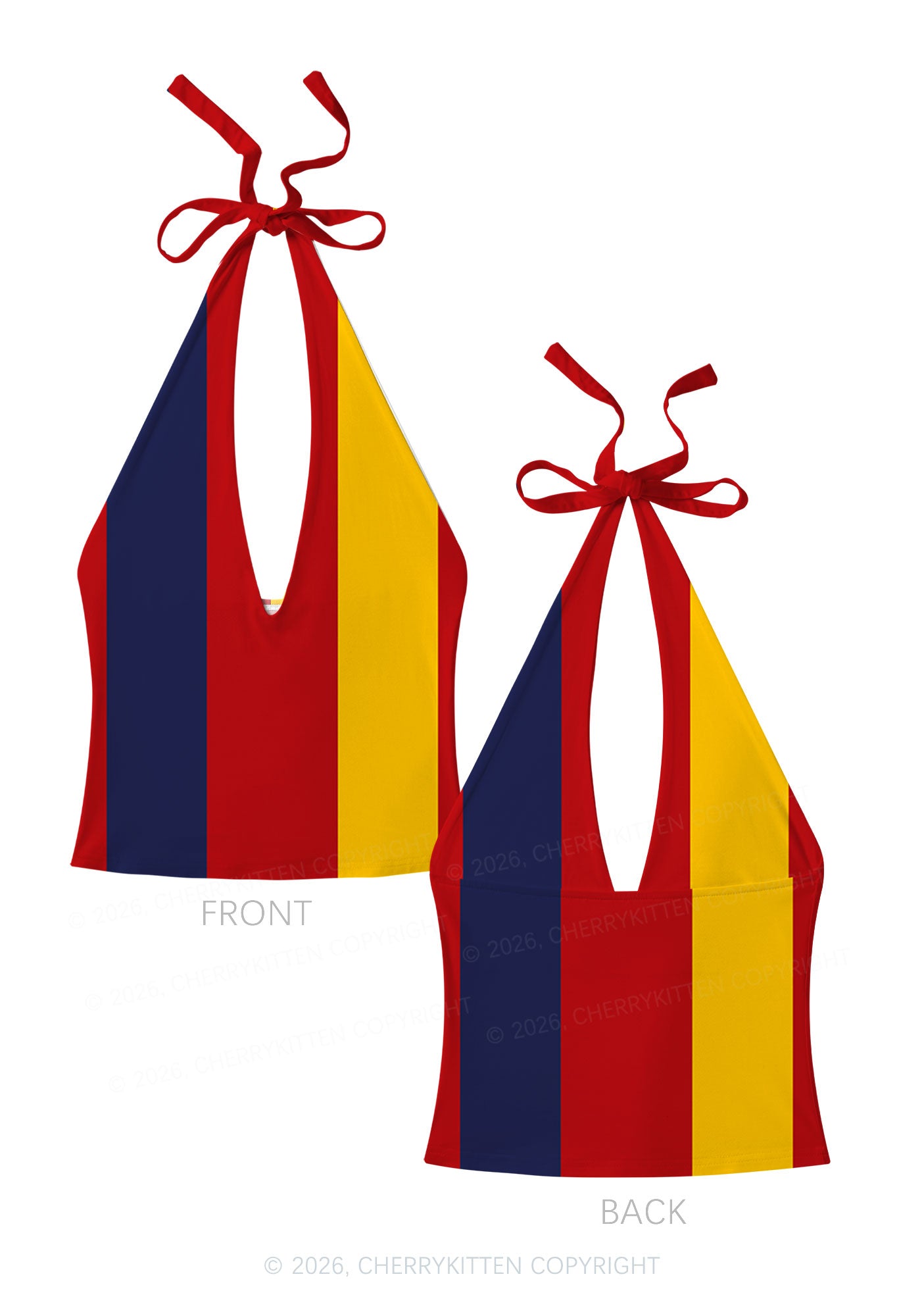 Red Navy Yellow Vertical Stripe Y2K Print Halter Deep V Neck Cami Cherrykitten
