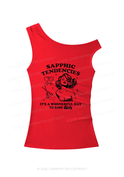 Sapphic Tendencies Kiss Girls Pride Y2K Off Shoulder Tank Top Cherrykitten