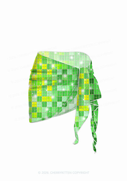 Green Disco Ball Grid Y2K Print Bikini Set Cherrykitten